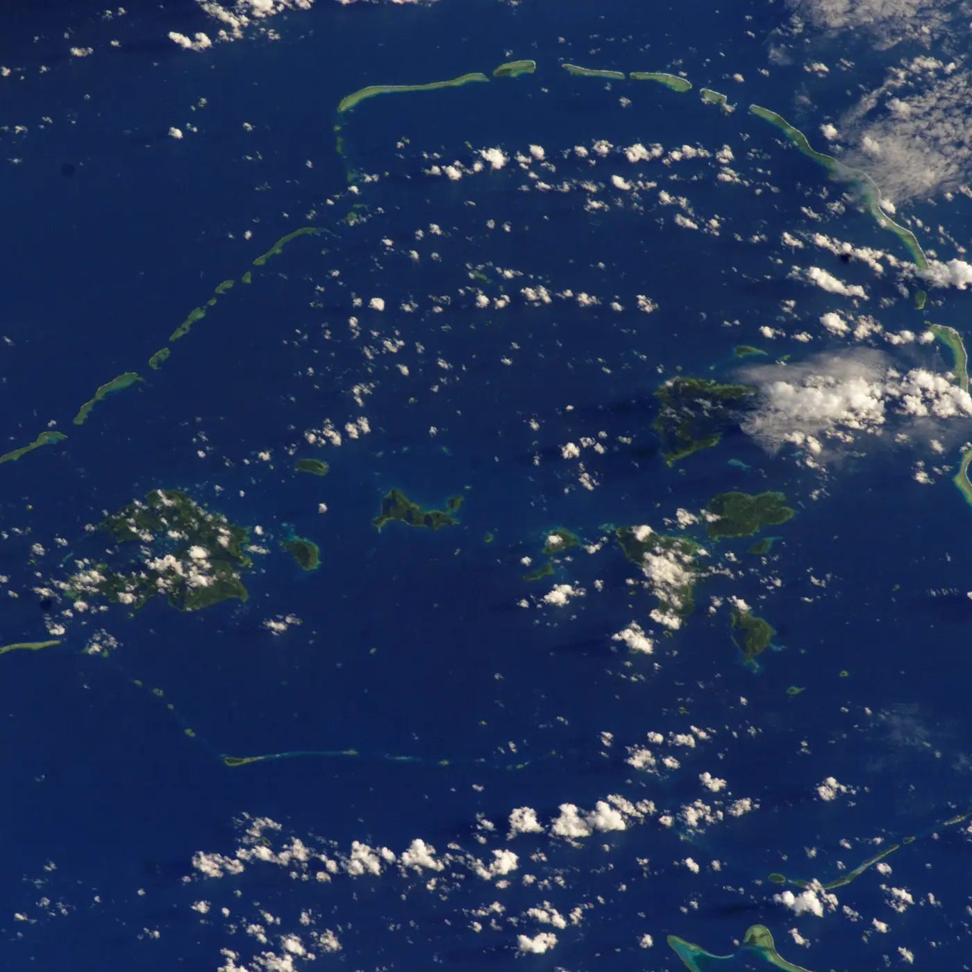 Chuuk Lagoon photographed from the International Space Station, showing the barrier reef ring and islands