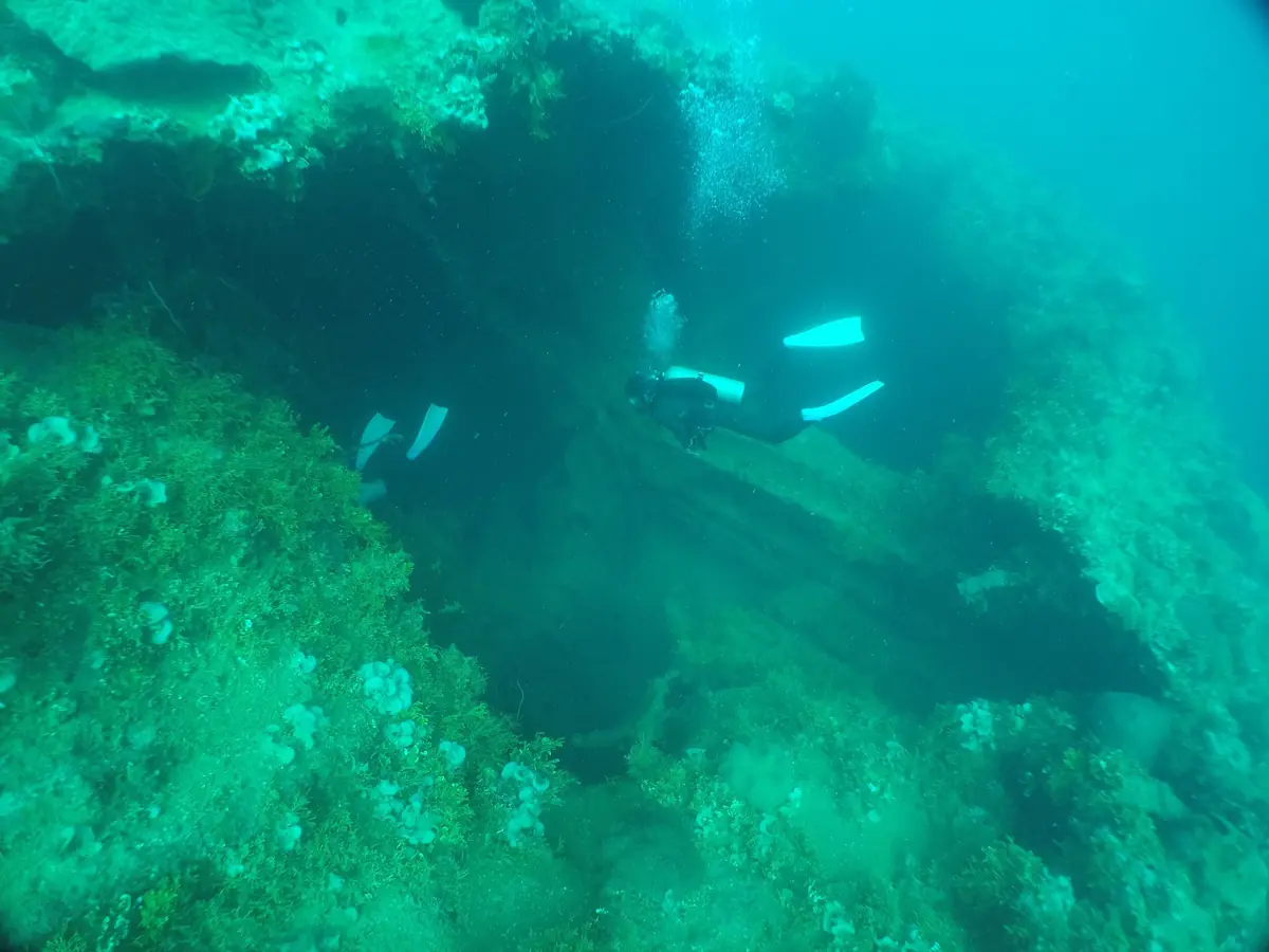 A diver beside torpedo damage in the hull of the Kiyosumi Maru